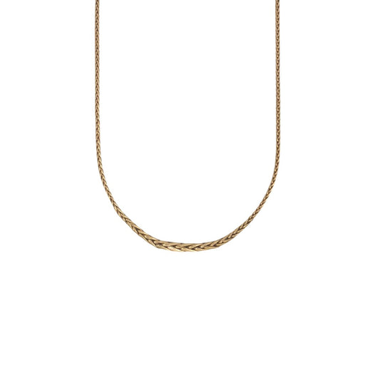 Comprar collar de oro amarillo de 18kt con cadena tipo espiga. Dispone de un cierre tipo mosquetón. Joyería Ian'or, dónde comprar y vender oro al mejor precio en Barcelona. Joyas de segunda mano y restauradas en Barcelona.