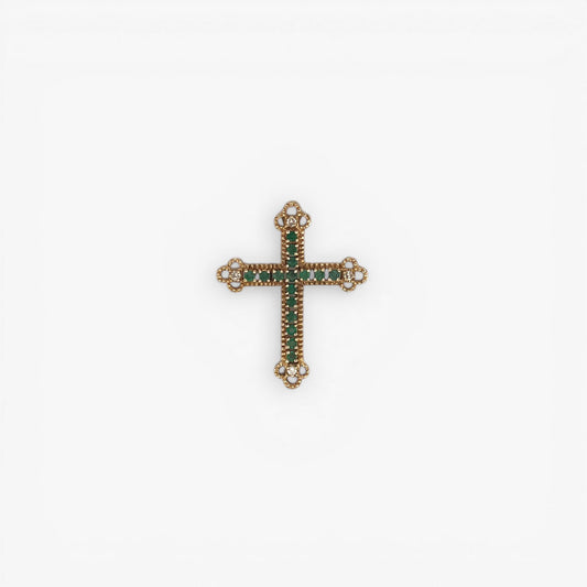 Comprar colgante en forma de cruz con 16 esmeraldas y 4 diamantes talla brillante en cada punta de la cruz realizada en oro amarillo de 18kt. Una preciosa cruz de esmeraldas unisex.Cruces de oro y diamantes 18kt baratas