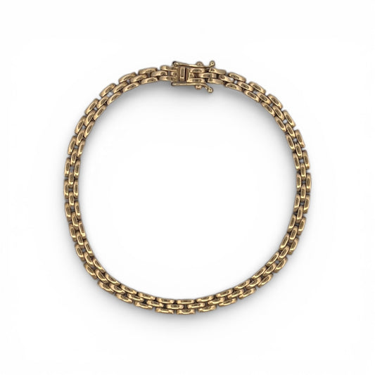 Comprar pulsera oro amarillo de 18kt con cadena eslabones tipo pantera de 19 cm de largo con cierre de cajón y doble brazo de seguridad. Pulseras de oro 18kt al mejor precio en Barcelona.