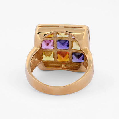Anillo de oro amarillo de 18kt en forma de "cuadrado" con 9 piedras topacios de 4 colores distintos (amarillo, naranja, lila y rosa). Envío gratiuto, Joyería Ian'OR, envío asegurado.
