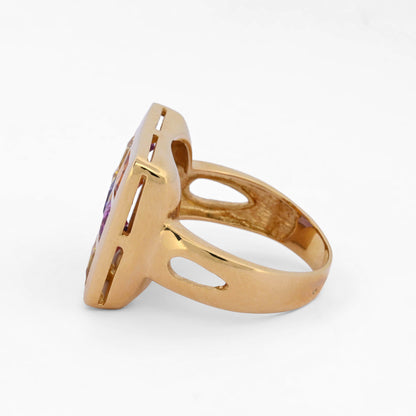 Anillo de oro amarillo de 18kt en forma de "cuadrado" con 9 piedras topacios de 4 colores distintos (amarillo, naranja, lila y rosa). Envío gratiuto, Joyería Ian'OR, envío asegurado.