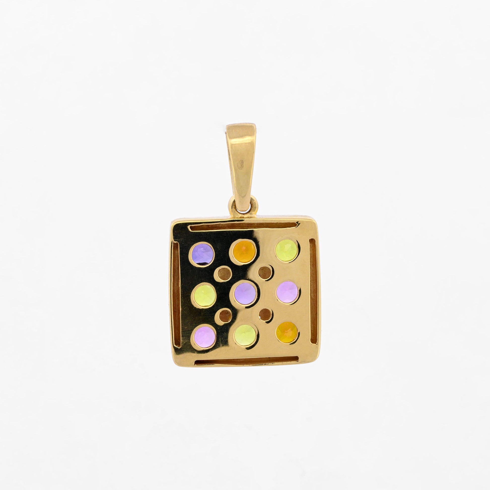 Colgante de oro amarillo de 18kt en forma de "cuadrado" con 9 piedras topacios de 4 colores distintos (amarillo, naranja, lila y rosa). Envío gratiuto, Joyería Ian'OR, envío asegurado.
