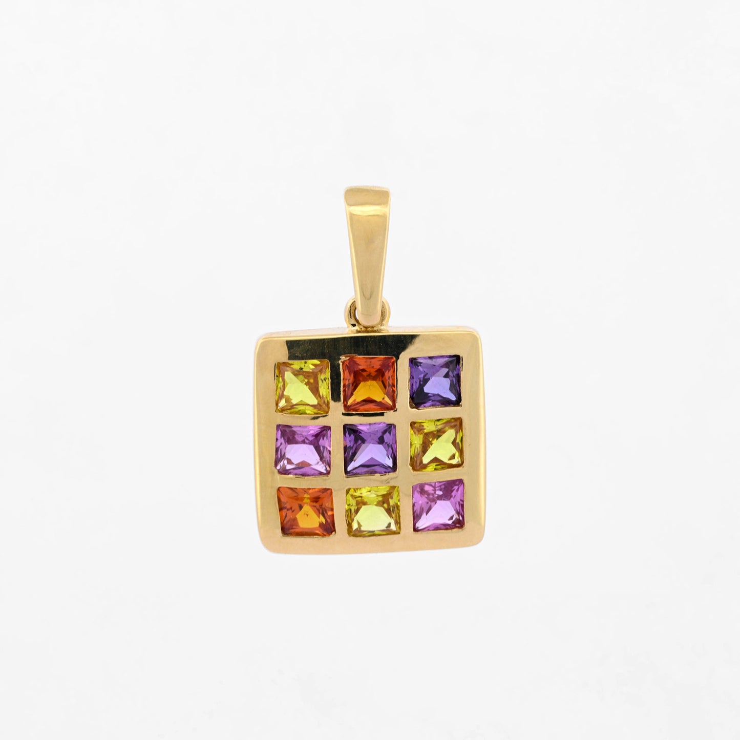 Colgante de oro amarillo de 18kt en forma de "cuadrado" con 9 piedras topacios de 4 colores distintos (amarillo, naranja, lila y rosa). Envío gratiuto, Joyería Ian'OR, envío asegurado.
