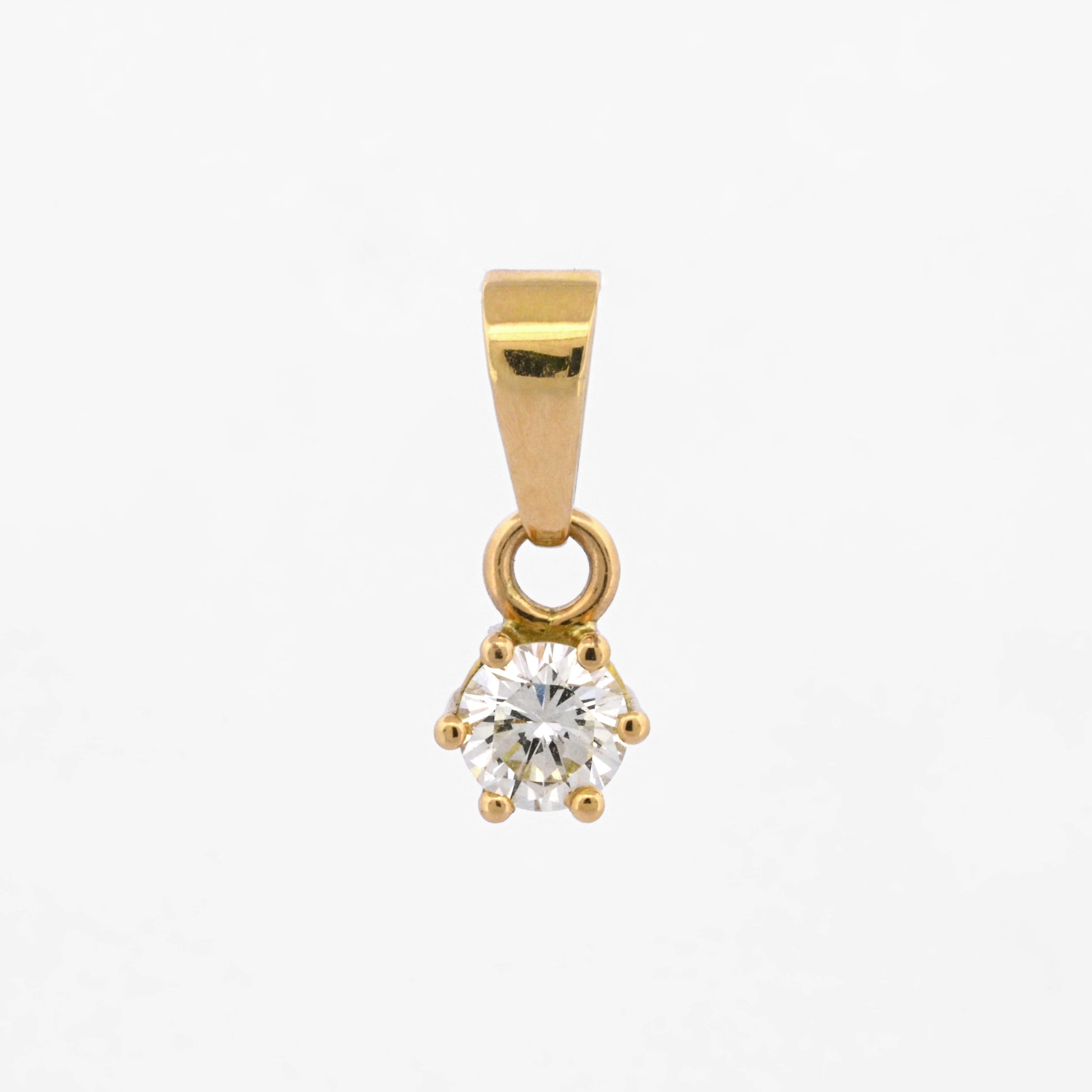 Colgante de oro amarillo de 18k y diamante talla brillante de 0.25cts montado en 6 grapas. Joyas de segunda mano baratas. Ian'Or.