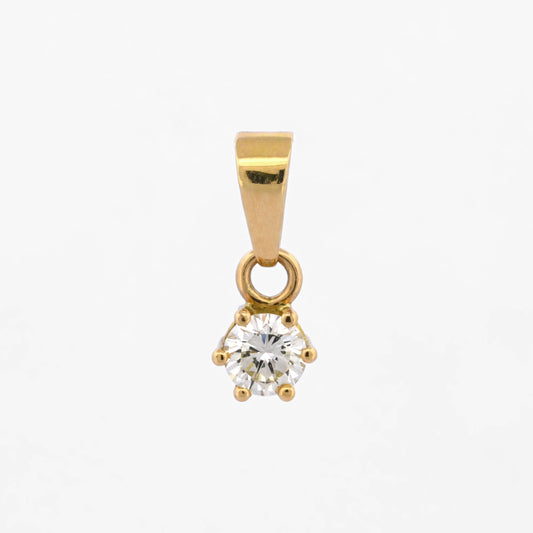 Colgante de oro amarillo de 18k y diamante talla brillante de 0.25cts montado en 6 grapas. Joyas de segunda mano baratas. Ian'Or.