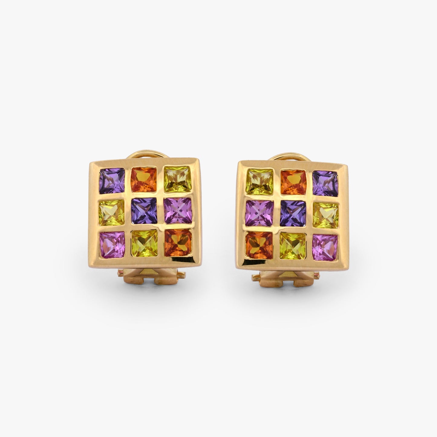 Pendientes de oro amarillo de 18kt en forma de "cuadrado" con 9 piedras topacios de 4 colores distintos (amarillo, naranja, lila y rosa). Envío gratiuto, Joyería Ian'OR, envío asegurado.