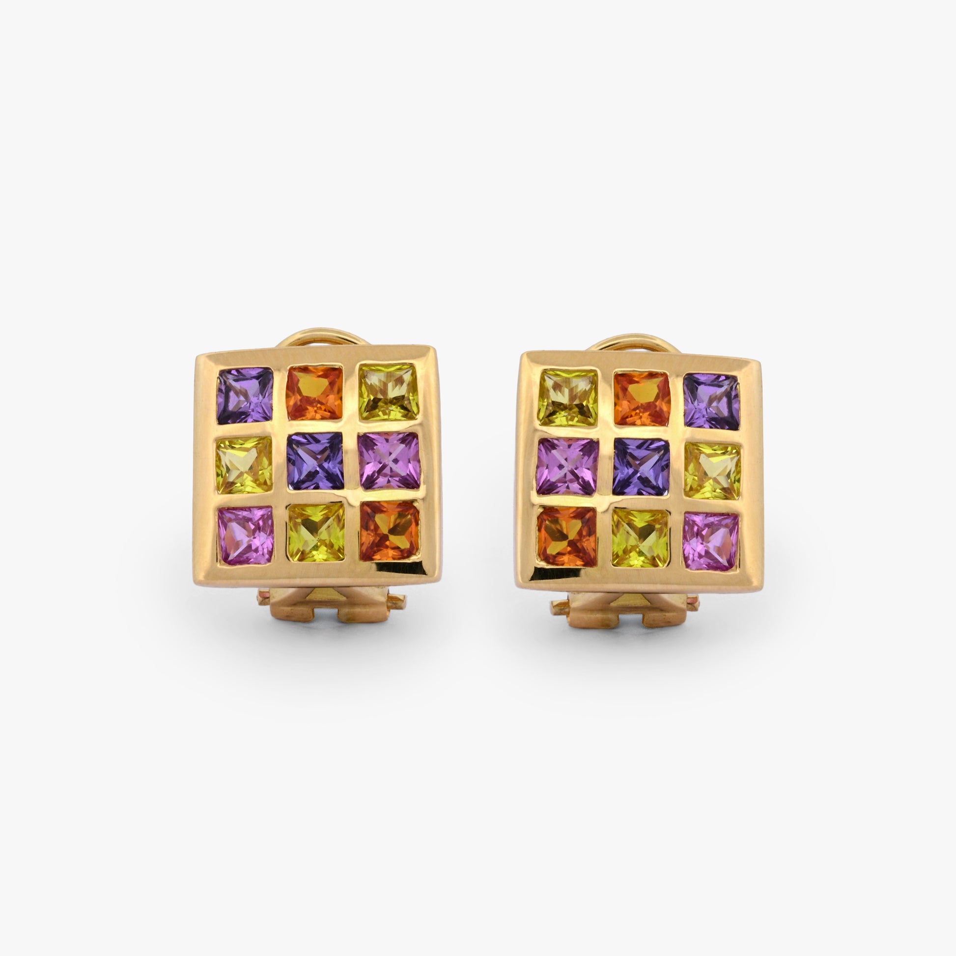 Pendientes de oro amarillo de 18kt en forma de "cuadrado" con 9 piedras topacios de 4 colores distintos (amarillo, naranja, lila y rosa). Envío gratiuto, Joyería Ian'OR, envío asegurado.