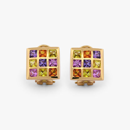 Pendientes de oro amarillo de 18kt en forma de "cuadrado" con 9 piedras topacios de 4 colores distintos (amarillo, naranja, lila y rosa). Envío gratiuto, Joyería Ian'OR, envío asegurado.