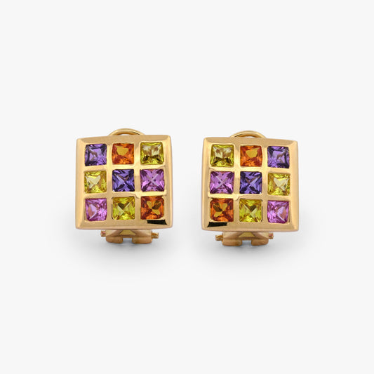 Pendientes de oro amarillo de 18kt en forma de "cuadrado" con 9 piedras topacios de 4 colores distintos (amarillo, naranja, lila y rosa). Envío gratiuto, Joyería Ian'OR, envío asegurado.