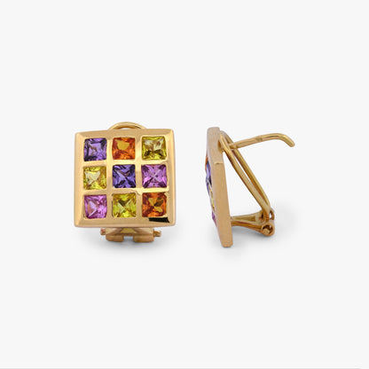 Pendientes de oro amarillo de 18kt en forma de "cuadrado" con 9 piedras topacios de 4 colores distintos (amarillo, naranja, lila y rosa). Envío gratiuto, Joyería Ian'OR, envío asegurado.