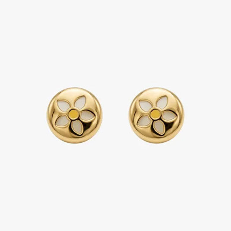 Comprar pendientes realizados en oro amarillo y en forma redonda con grabado de una margarita con fondo de nacar. Estos pendientes disponen de cierre a presión.