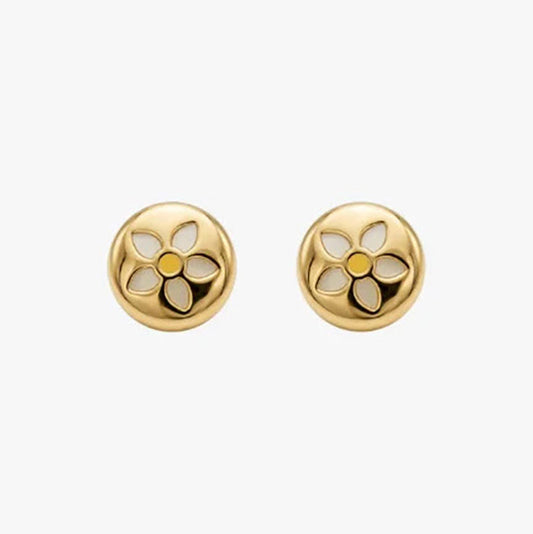 Comprar pendientes realizados en oro amarillo y en forma redonda con grabado de una margarita con fondo de nacar. Estos pendientes disponen de cierre a presión.