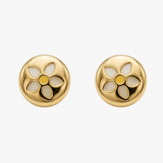 comprar Pendientes realizados en oro amarillo y en forma redonda con grabado de una margarita con fondo de nacar. Estos pendientes disponen de cierre a presión.