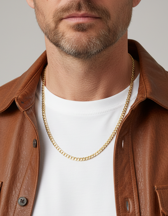 Comprar collar de oro amarillo de 18kt con cadena barbada tipo cubana de 60cm y cierre tipo mosquetón. Joya unisex. Joyería Ian'Or. Envío GRATIS.