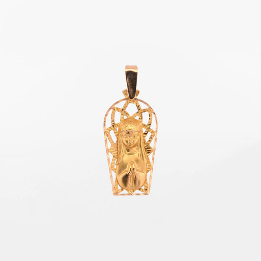 Comprar colgante en oro amarillo de 18kt Virgen Niña con calado. Joya protectora y tradicional para comunión o regalo especial. Joyería Ian'Or. Envío GRATIS.