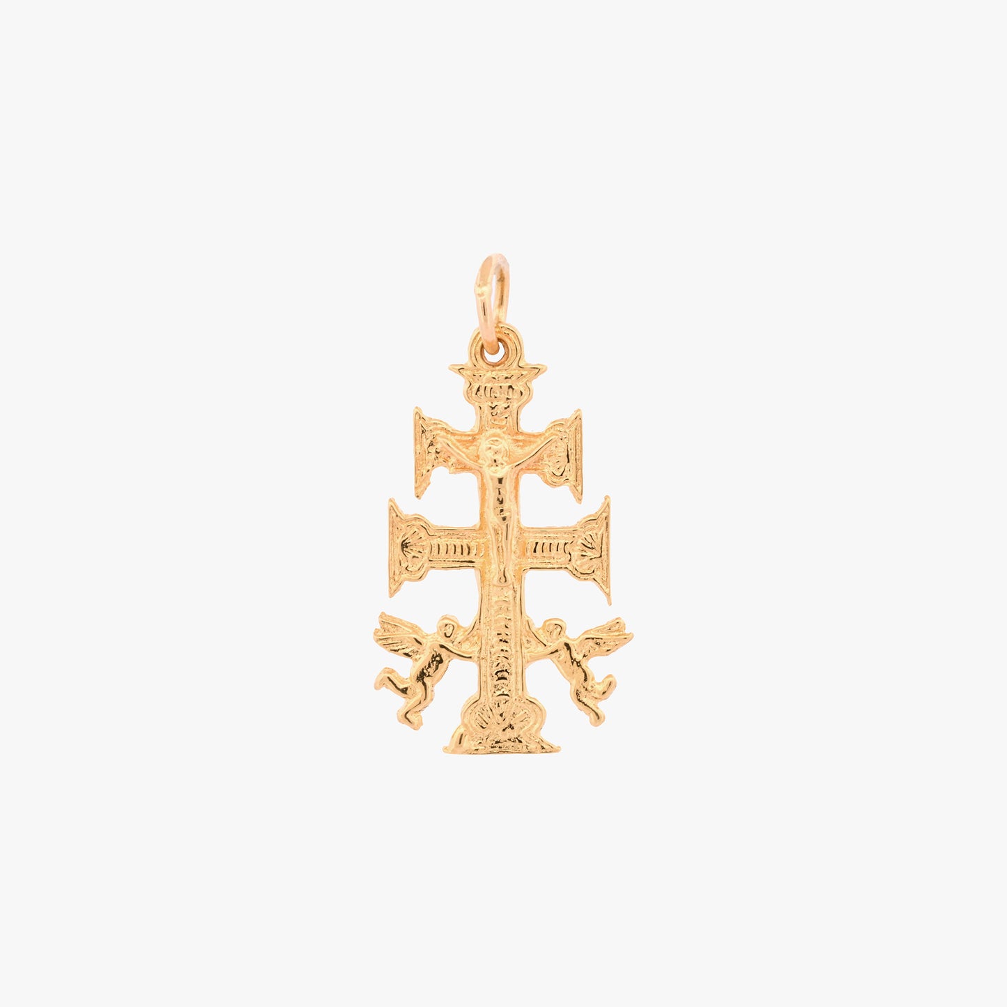 Comprar colgante oro amarillo 18K Cruz de Caravaca, Cristo y ángeles. Joya protectora y tradicional que aporta simbolismo y distinción. Envío gratuito