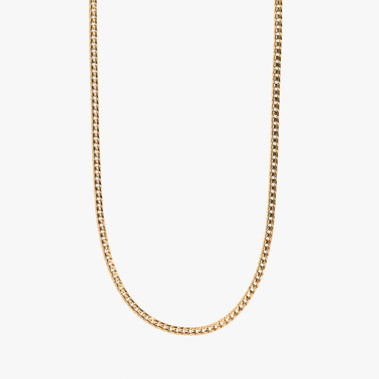 Comprar collar de cadena barbada de eslabones planos entrelazados de oro amarillo de 18kt. Pieza clásica y elegante, envío gratuito, pieza certificada 