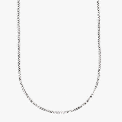 Comprar collar de cadena palomita de oro blanco de 18K con estructura tubular texturizada. Pieza sofisticada que destaca por resistencia y diseño. Envío gratis