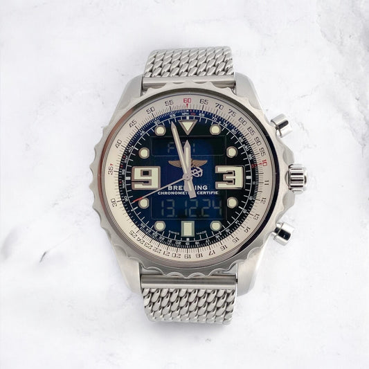 Reloj de la Firma Breitling modelo Chronospace Mariner con esfera azul. Está en perfecto estado y viene con su caja y documentación original. Relojes breitling de alta gama al mejor precio, venta de relojes de lujo de segunda mano con garantía de 2 años